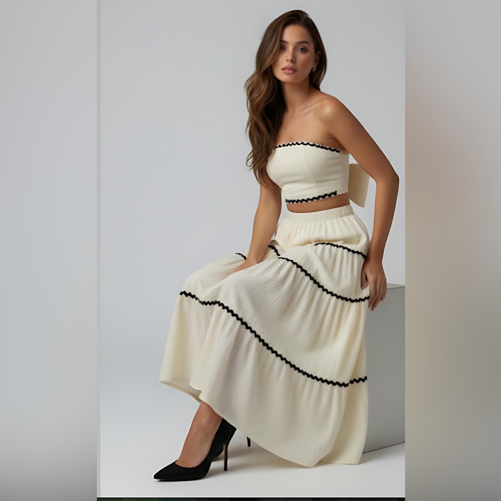 Boho Applique Cropped Bandeau Top And Skirt Set Beige - Picture 7 of 13